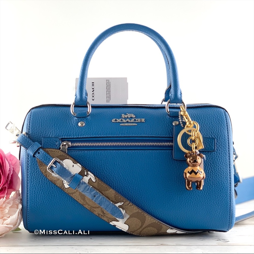 NWT COACH X Peanuts Rowan Satchel Snoopy Print Bag +Charlie Brown Charm Keychain